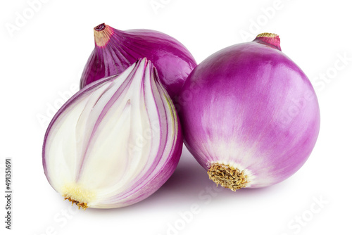 Peeled purple onion or red onion bulbs, in whole and cut lengthwise in half, isolated on white background with clipping path, cutout.