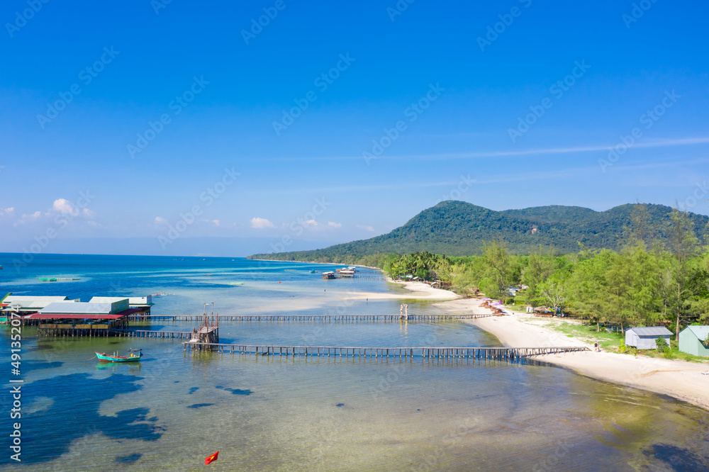 Panoramic view from above Rach Vem raft village in Phu Quoc.  This place is a famous tourist destination and is a pristine beach with fine white sand