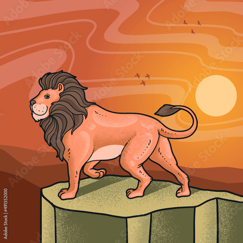 strong lion on high cliff desert