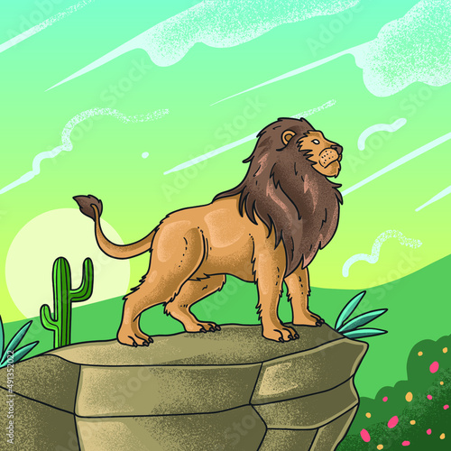 the strong lion is facing the sky on the cliff
