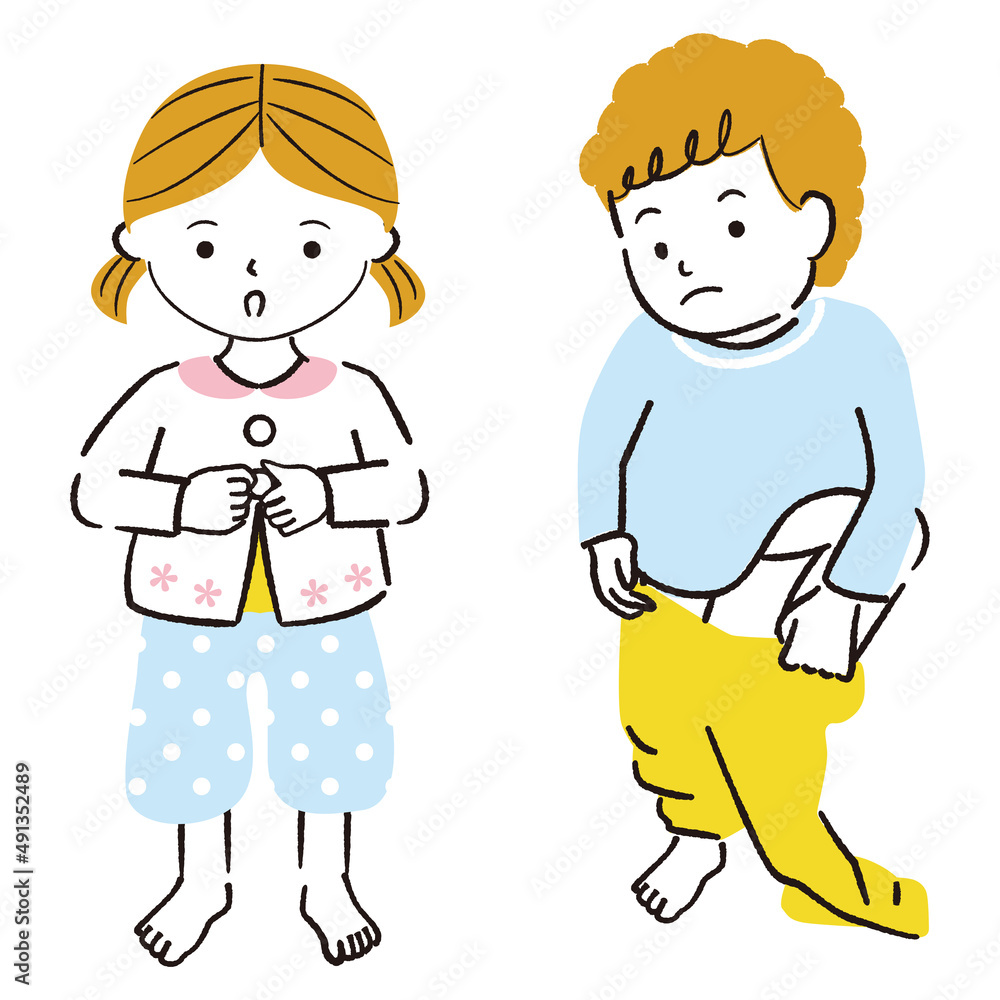 線画カラーイラスト　お着換えする園児