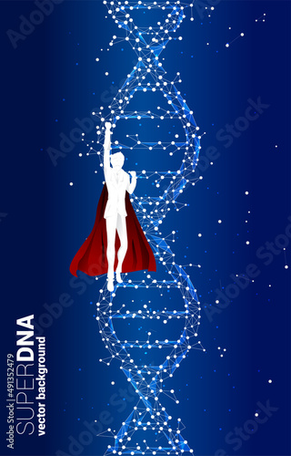 Silhouette of businessman in superhero flying with DNA genetic structure from dot connect line polygon. background concept for biotechnology and biology of super businessman.