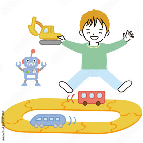 線画カラーイラスト　レールと乗り物のおもちゃで遊ぶ子供