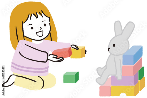 線画カラーイラスト　積み木とぬいぐるみで遊ぶ女の子