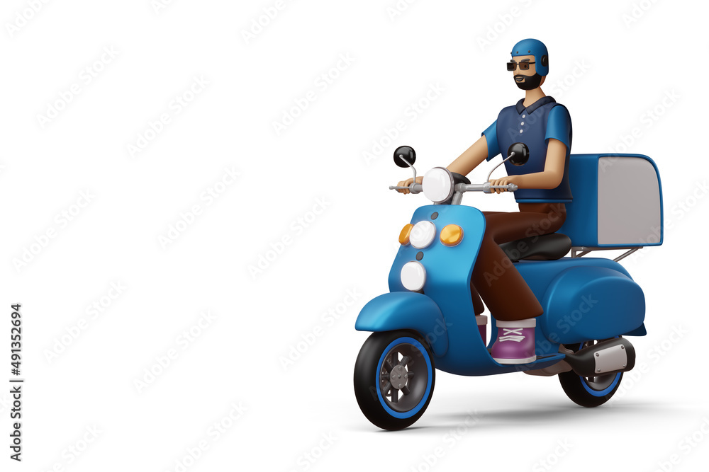 Delivery man riding a motorcycle with delivery box, 3d rendering Delivery man riding a motorcycle with delivery box, 3d rendering