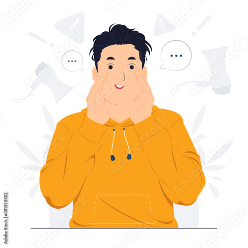 Man shouting and doing announcement in megaphone concept illustration