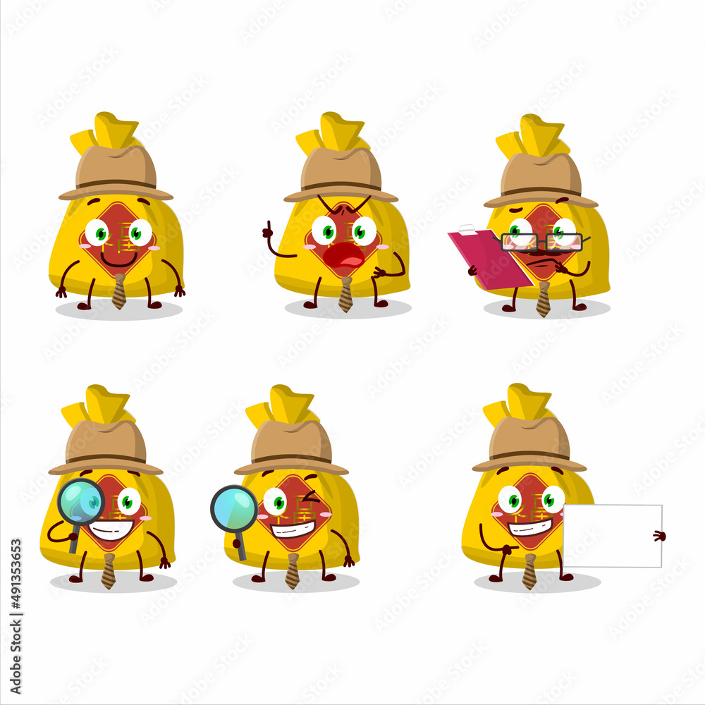 Detective yellow bag chinese cute cartoon character holding magnifying glass Detective yellow bag chinese cute cartoon character holding magnifying glass
