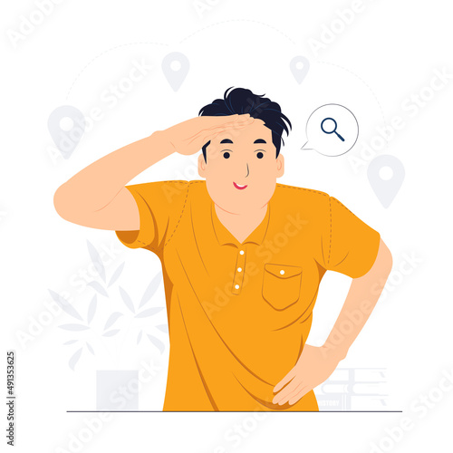Curious man looking far away with hand over head, trying to see something, bad vision, searching, holding palm on forehead and gasping. surprised, and amazed concept illustration