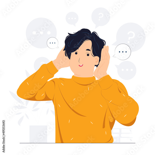 Man holding hand near ear, speaking, listening, hearing, whispering, curiosity, gossip, deafness, and pay attention concept illustration