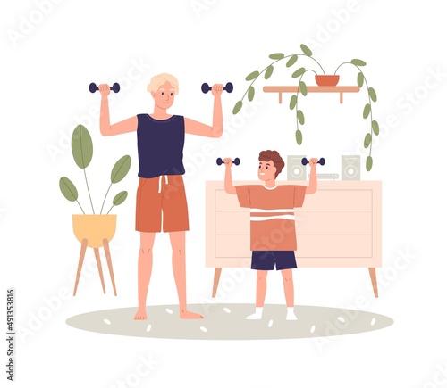 Brothers doing strength exercises at home. Family training together. Happy boys, teenager and kid, with dumbbells during sports workout. Flat vector illustration isolated on white background