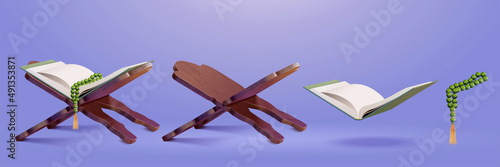 Quran on book holder with rosary