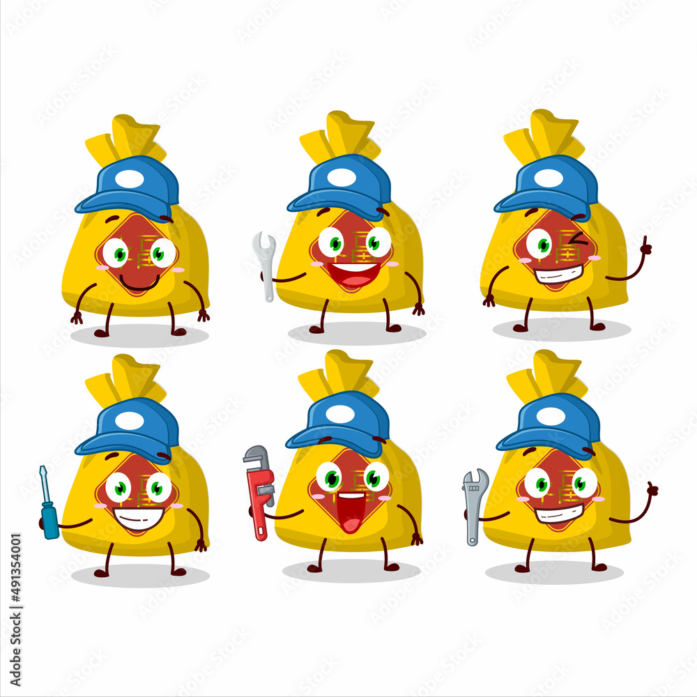 mechanic yellow bag chinese cute mascot character with pliers