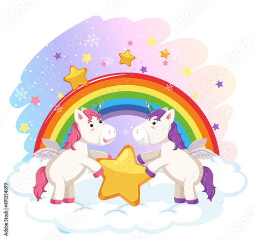 Two cute unicorns holding a star together with rainbow background