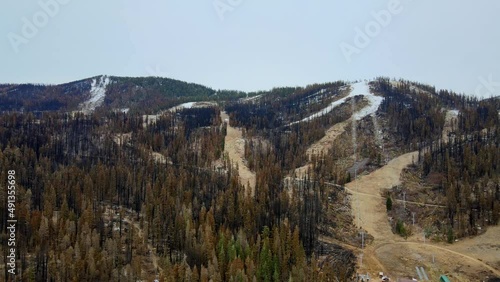 Aerial view ski resort trails without snow, California, Lake Tahoe