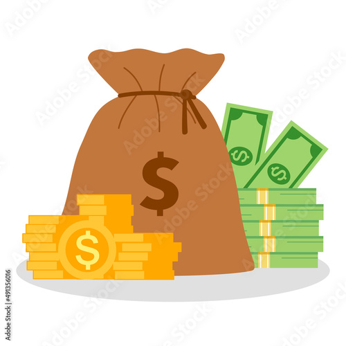 Money bag, stack of dollar coins and banknotes in flat design on white background. Budget, fund, investment profit, income or value assets concept vector illustration.