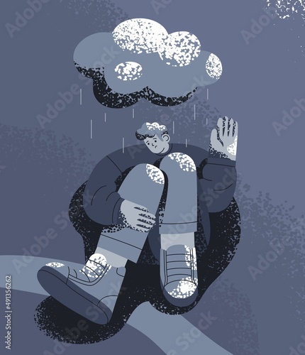Sad unhappy person in depression and despair under cloud and rain. Loneliness...