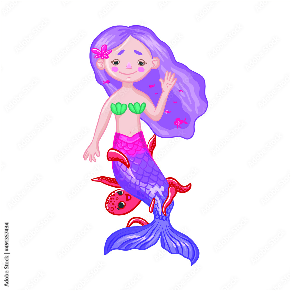 vector children's illustration cute kind mermaid with her friend octopus. 