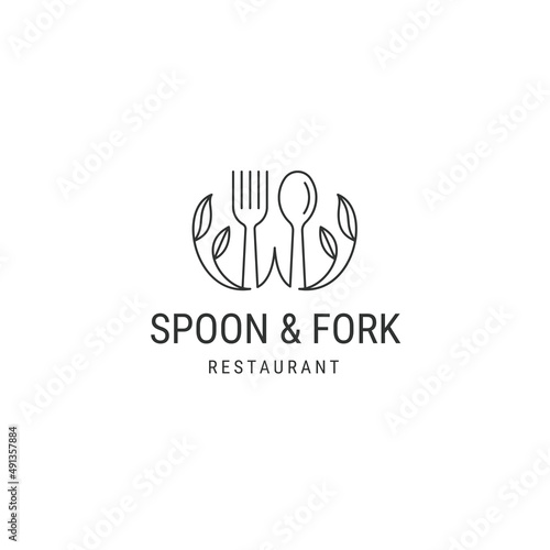 Nature spoon and fork line logo design template