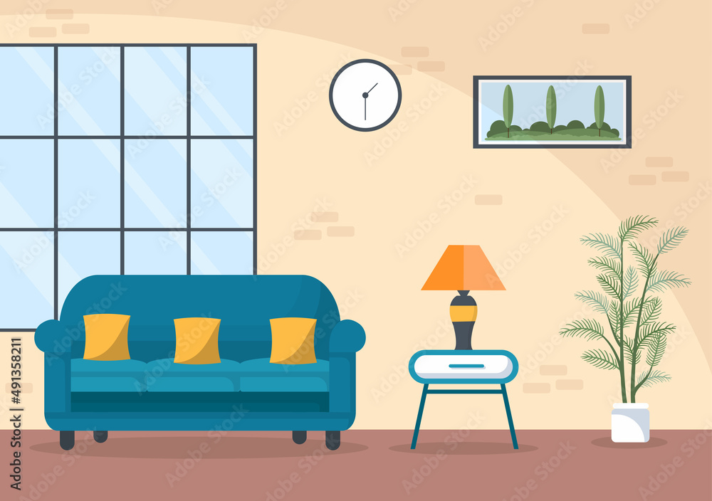 Home Furniture Flat Design Illustration for the Living Room to be Comfortable Like a Sofa, Desk, Cupboard, Lights, Plants and Wall Hangings