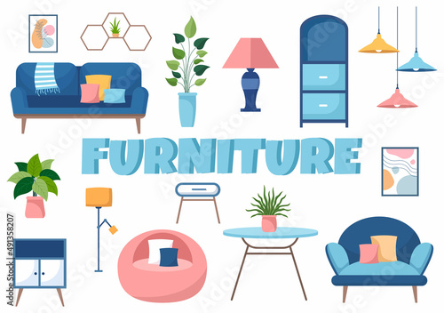 Home Furniture Flat Design Illustration for the Living Room to be Comfortable Like a Sofa, Desk, Cupboard, Lights, Plants and Wall Hangings