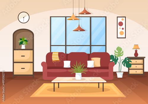 Home Furniture Flat Design Illustration for the Living Room to be Comfortable Like a Sofa, Desk, Cupboard, Lights, Plants and Wall Hangings