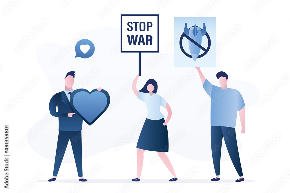 Group of demonstrators holds placards and heart. Stop war, concept banner. Protest against military action and militarization. People want peace, safety life. Antiwar protest. Group of demonstrators holds placards and heart. Stop war, concept banner. Protest against military action and militarization. People want peace, safety life. Antiwar protest.