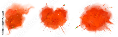 Splashes of red pepper powder and cut pieces. Vector realistic illustration with explosion of ground paprika and chilli pepper seasoning. Set of hot dried spice scatter