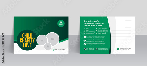 Charity postcard template with kids help donation banner design