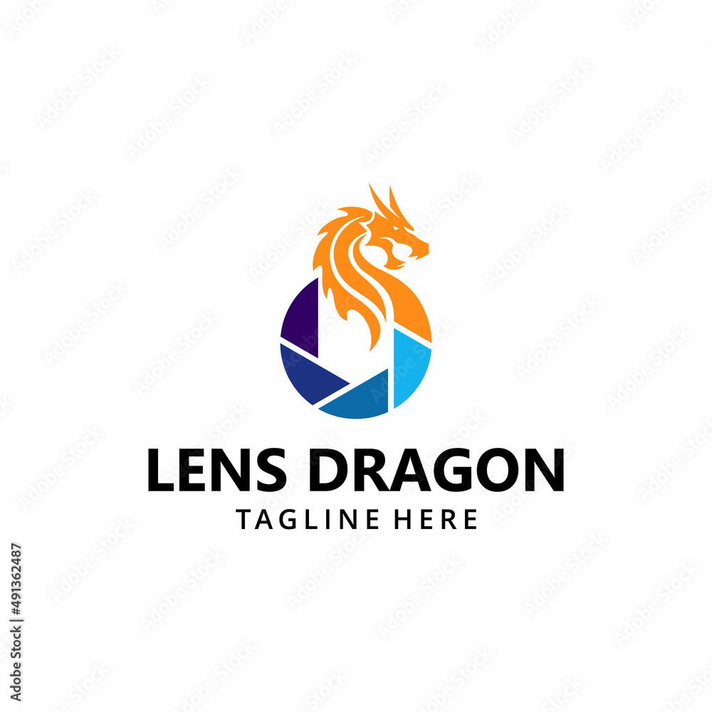 Illustration abstract dragon head on lens photography logo design