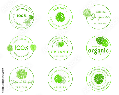 Vector illustration for organic food and natural products logo, labels and badges for food and drink promotion.