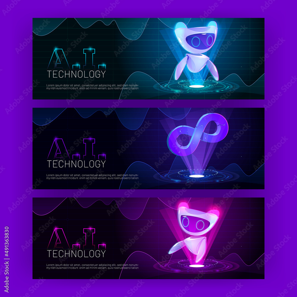 Ai technology futuristic cartoon banners with artificial intelligence robot at neon glowing hud technological background with infinity symbol. Cyborg or droid, robotics and automation Vector concept