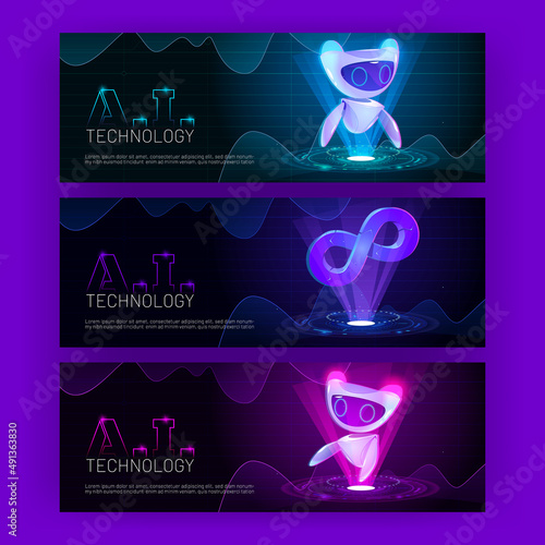 Ai technology futuristic cartoon banners with artificial intelligence robot at neon glowing hud technological background with infinity symbol. Cyborg or droid, robotics and automation Vector concept