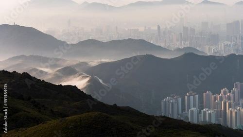 Time lapse of skyline of Hong Kong city in fog