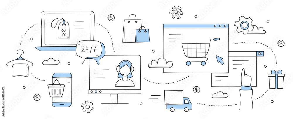 Online shopping doodle concept. Internet sale, purchase via digital platforms, computers and mobile phones. Customer support, delivery shipping services for clients orders Line art vector illustration Online shopping doodle concept. Internet sale, purchase via digital platforms, computers and mobile phones. Customer support, delivery shipping services for clients orders Line art vector illustration