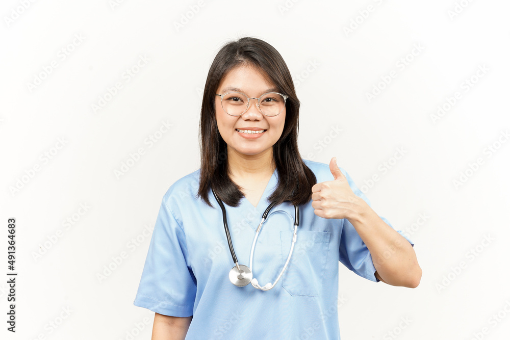 Showing Thumbs Up Of Asian Young Doctor Isolated On White Background Showing Thumbs Up Of Asian Young Doctor Isolated On White Background