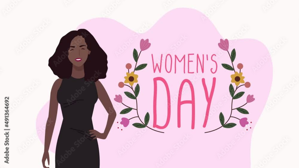 happy womens day lettering with afro woman and flowers happy womens day lettering with afro woman and flowers