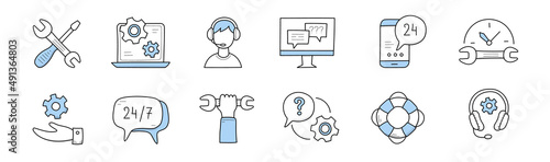 Customer support doodle icons crossed wrench and screwdriver, laptop with gears on screen, operator in headset, smartphone and pc with speech bubbles, life buoy, hand, Line art vector illustration