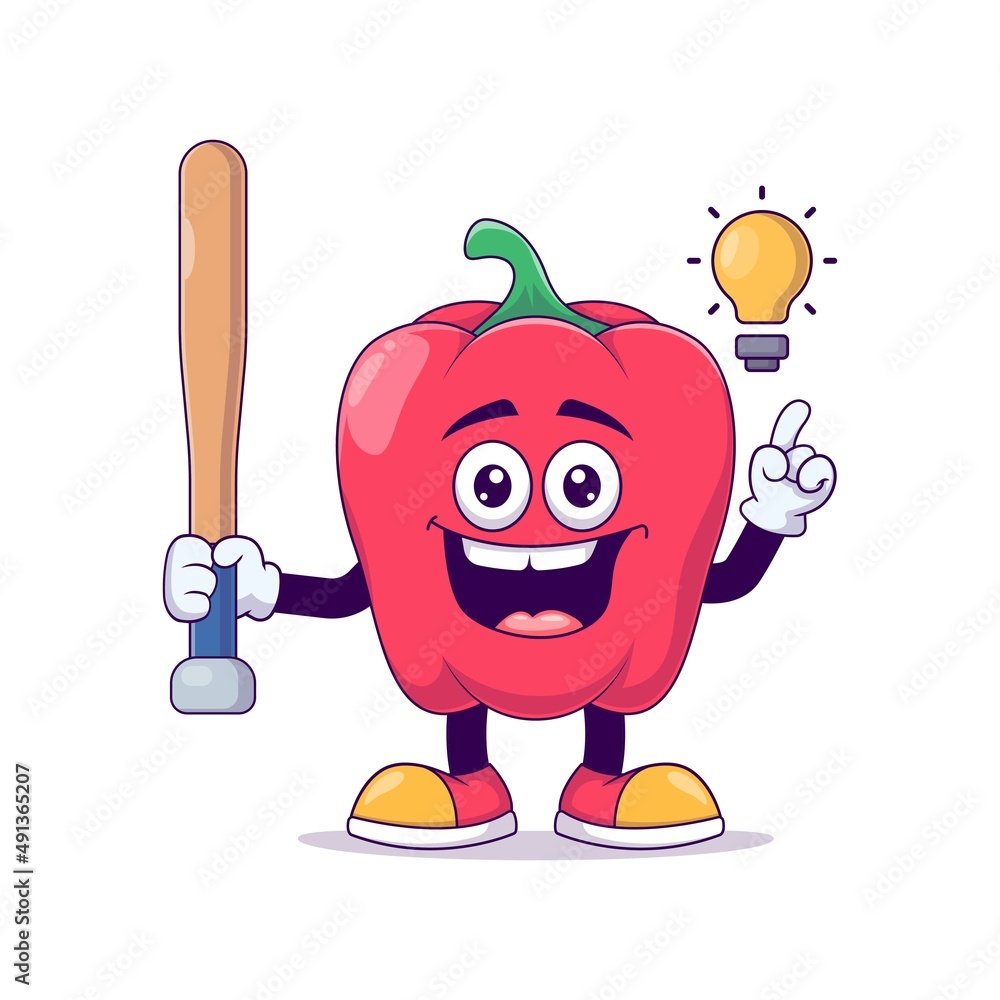 red bell pepper playing baseball cartoon mascot character vector illustration design