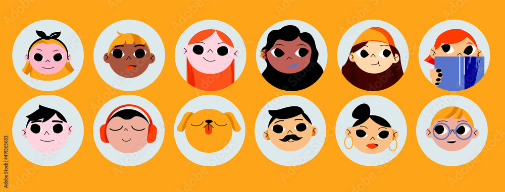 Set of people and pets avatars isolated round icons. Diverse male and female characters with different appearance and ethnicity. Men, women, girls, boys, dog portraits, Line art vector illustration Set of people and pets avatars isolated round icons. Diverse male and female characters with different appearance and ethnicity. Men, women, girls, boys, dog portraits, Line art vector illustration