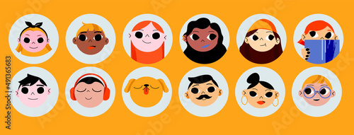 Set of people and pets avatars isolated round icons. Diverse male and female characters with different appearance and ethnicity. Men  women  girls  boys  dog portraits  Line art vector illustration