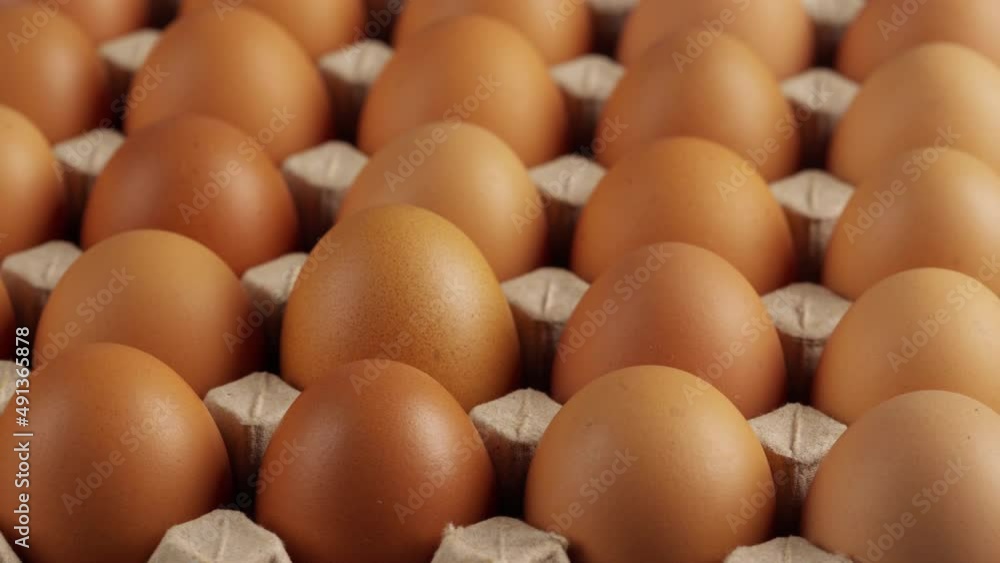 hand takes one chicken egg out of cardboard, rotation shot hand takes one chicken egg out of cardboard, rotation shot