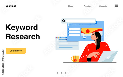 Keyword research landing page. Keywordist or copywriter girl with laptop using tools and services for seo optimization and content plan analysis in social media, Vector cartoon line art web banner
