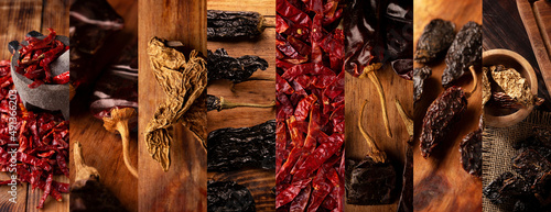 Fotografia Panoramic collage of different assortment of mexican dried chili peppers