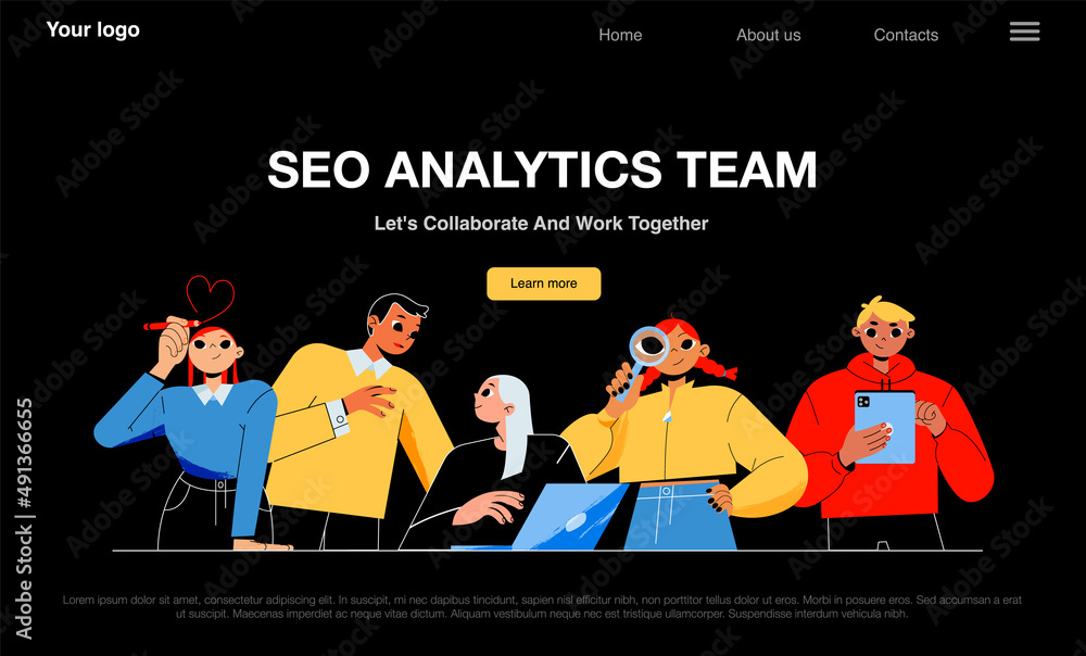 SEO analytics team banner with people work together. Vector night mode of landing page of search engine optimization company with flat illustration of men and women teamwork - obrazy, fototapety, plakaty 