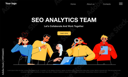 SEO analytics team banner with people work together. Vector night mode of landing page of search engine optimization company with flat illustration of men and women teamwork