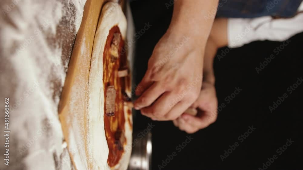 Close-up Portrait View on Male Chef Hands Seasoning Pizza Dough with Beef, Moving Camera Close-up Portrait View on Male Chef Hands Seasoning Pizza Dough with Beef, Moving Camera