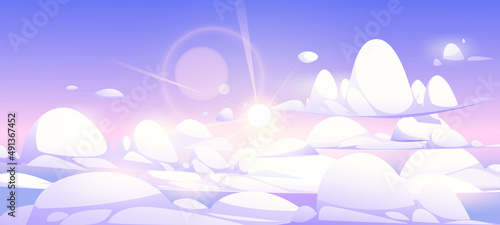 Above clouds sky or heaven background, nature peaceful landscape with white and lilac cumulonimbus cloudscape and sun shine. Early morning abstract vivid view from airplane Cartoon vector illustration