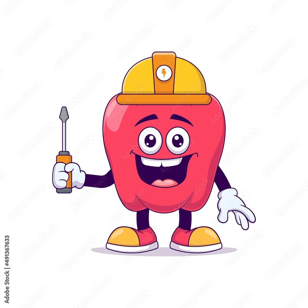 Electrician red bell pepper cartoon mascot character vector illustration design