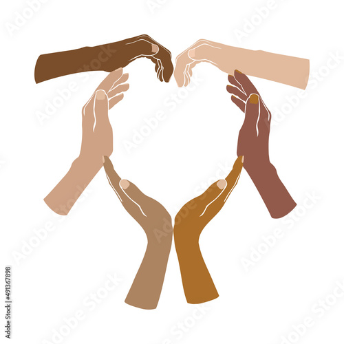 communication and social network between women of diverse cultures and different racial ethnicity. icon of hands in heart shape, concept of multicultural unity, migration, harmony, community