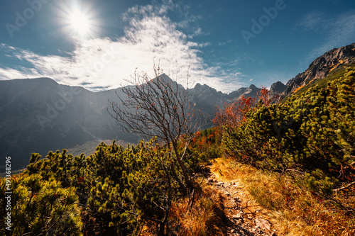 Hiking in national park High Tatras. HiIking from biele pleso to Zelene pleso in the mountain Vysoke Tatry, Slovakia. Beautiful photo